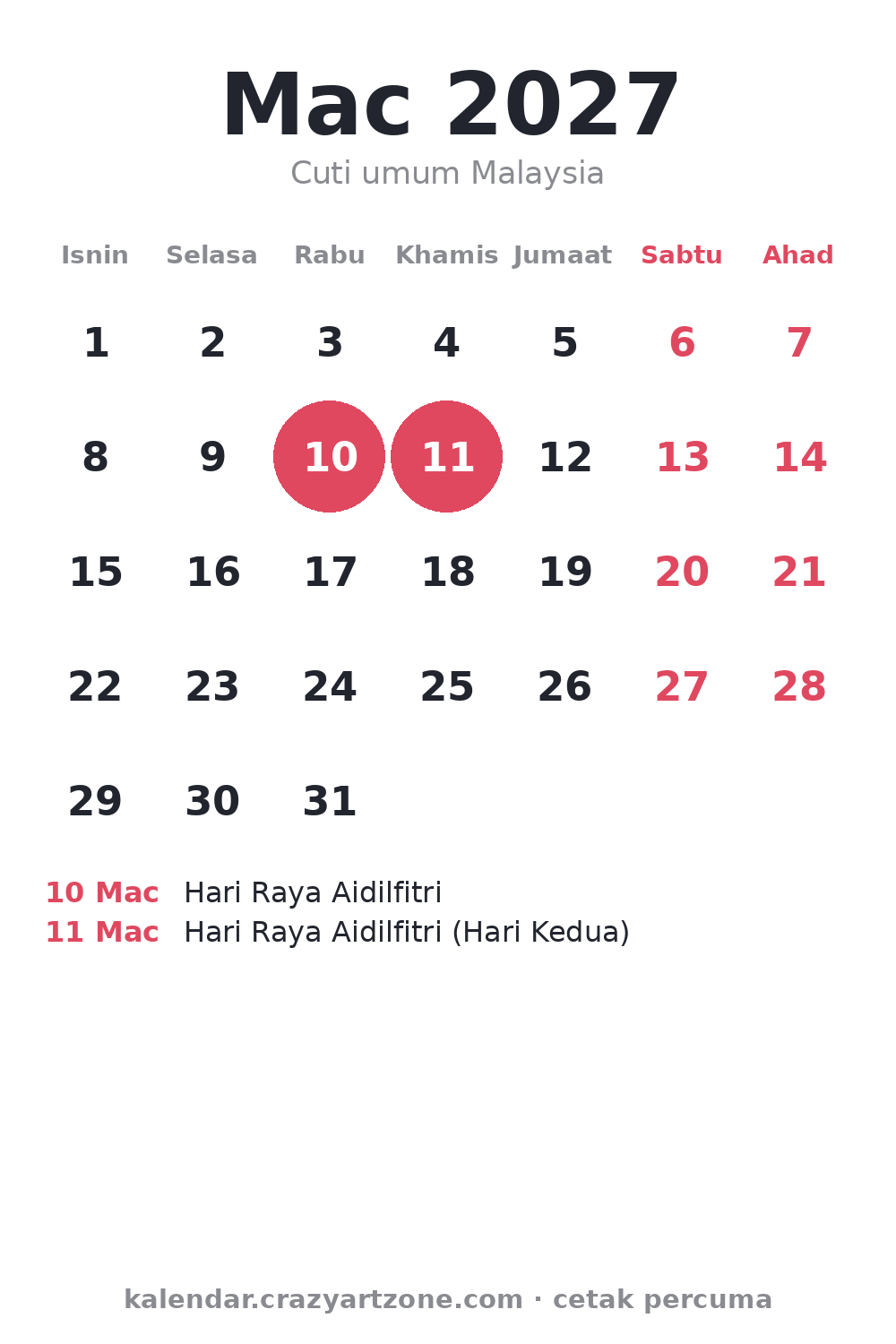 Kalendar Mac 2027 (Bulan 3) Malaysia – Cuti Umum