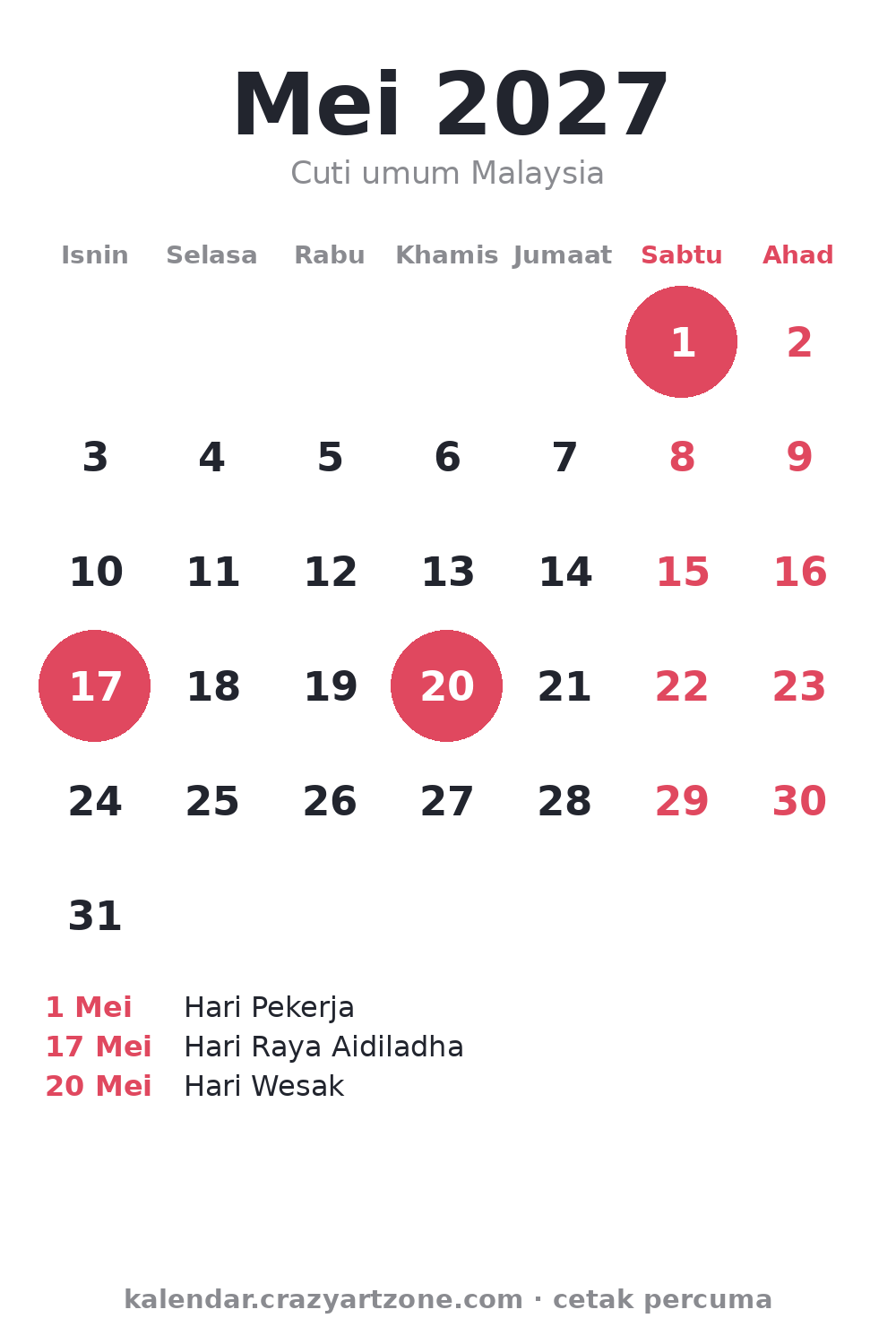 Kalendar Mei 2027 (Bulan 5) Malaysia – Cuti Umum